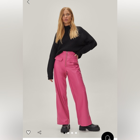 Nasty Gal Pants - Nasty Gal Petite Faux Leather Pocket Detail Wide Leg Trouser